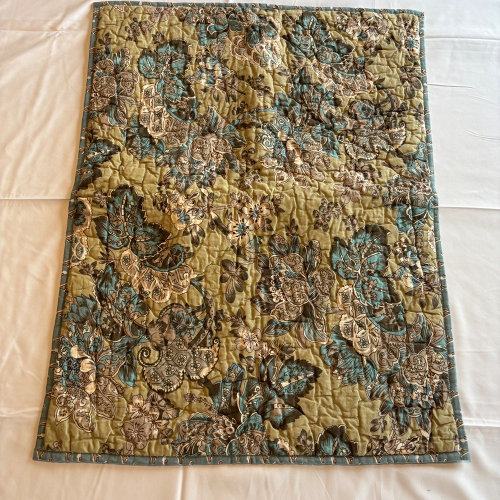 Pottery Barn Quilted Standard Pillow Sham Floral Blue Green Tieback Set of Two